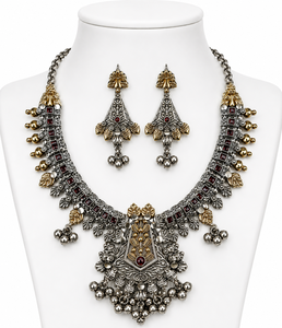 Ensemble de zircons bicolores en laiton de qualité supérieure, oxydé argent et or |   Ensemble collier et boucles d'oreilles tendance pour femmes plaqué platine, style tribal |   Vente en gros - Product Image 2