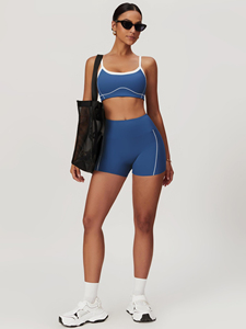 Women's <b>Blue</b> Solid High Support Spandex 2-Piece Sports <b>Bra</b> Shorts Set White Stripe Detailing Breathable Knitted Activewear Yoga - Product Image 3