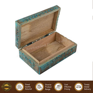 Top Quality Wholesale Selling Burnt Blue Wash 100% Natural and Unique Design Wooden Carved Storage Box from India - Product Image 2