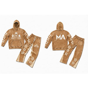 Gold Acid Wash Hooded Tracksuit Set With <b>White</b> Stars And 350 gsm Full Length Drawstring Pants 100% Cotton Streetwear - Product Image 6