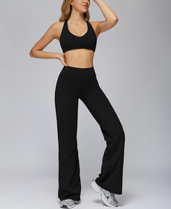 Ensembles de sport pour femmes, directement de l'usine, 2 pièces : soutien-gorge de sport à bretelles color block et leggings évasés taille haute, pour la gym, le yoga et le pilates - Product Image 4