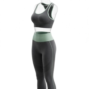 Ensemble de yoga pour femme : Soutien-gorge de sport dos nageur à encolure dégagée et Legging taille haute longueur intégrale, noir uni avec bordure contrastante verte, respirant - Product Image 5
