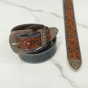 100% Genuine Leather Western <b>Belt</b> Floral <b>Tooled</b> Designer Cowboy <b>Belt</b> Silver Pin Buckle Vintage Casual Style <b>Belt</b> For Men & Women - Product Image 1