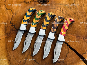 มีดพับล็อคหลัง ใบมีดปลายแหลม เหล็กดามัสกัส ด้ามไม้ ทำมือ สำหรับกิจกรรมกลางแจ้ง EDC ล่าสัตว์ ตั้งแคมป์ ราคาส่งที่ดีที่สุด - Product Image 2