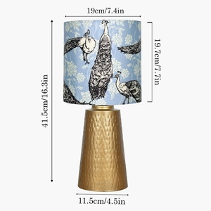 Vintage design Gold Table <b>Lamp</b> <b>Peacock</b> Pattern Fabric <b>Shade</b> Hammered Metal Base Artistic Bedside Nightstand Light Home Decor - Product Image 3