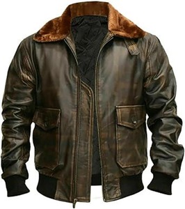 Chaqueta Bomber de Cuero Genuino para Hombre, Cuello Camisero, Cierre de Cremallera, Forro de Piel Sintética, Estilo Motero, Ropa de Invierno - Product Image 1
