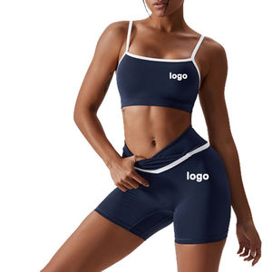 Women's Navy <b>Blue</b> 2 Piece Sports Set Strapless Top Above Knee Shorts Breathable Knitted Workout Wear Spring Summer - Product Image 1