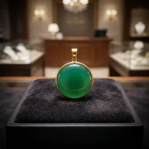 Natural Green Onyx Brass Frame Groove Pendant | Round Green Onyx Cabochon Brass Setting - Product Image 1