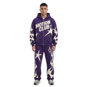 Conjuntos Deportivos de Felpa de Algodón con Estampado de Logotipo de Motion Club, Detalle de Estrella Blanca y Morada, Estilo Urbano Holgado - Product Image 1