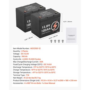 Confezione da 2 Batterie LiFePO4 12V 100Ah a Ciclo Profondo, Litio Ferro Fosfato, BMS Professionale per Basse Temperature, 15000 Cicli, Potenza di Uscita 2.5kWh, 6V Nominale - Product Image 4