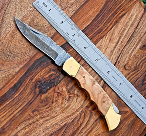Couteau pliant Short Sign Forge en acier Damas de qualité industrielle, manche en bois d'olivier, embout en laiton, étui, couteau de chasse EDC de poche - Product Image 2
