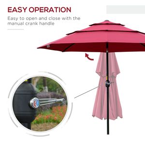 Ombrellone da Giardino Rosso Vino a 3 Livelli da 2,7 m in Poliestere per Esterni con Manovella e Pulsante di Inclinazione per Cortile e Palestra - Product Image 5