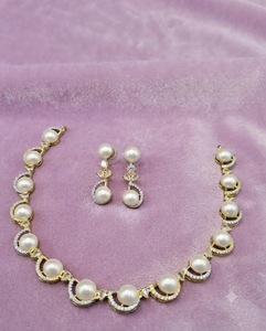 Elegant Simulated <b>Pearl</b> Collar Necklace With Earrings <b>Set</b> Two Tone Plated American Diamond Jewelry <b>Sets</b> For Party Wear Wholesale - Product Image 6
