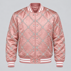 Chaqueta Bomber de Satén con Pedrería para Hombre, Prenda Exterior de Moda con Cristales y Tela Brillante, Diseño Elegante para Uso Casual - Product Image 1