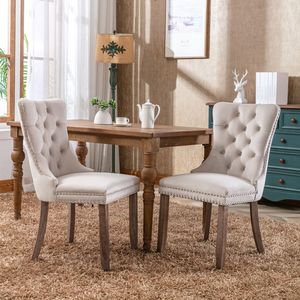 Ensemble de 2 chaises de salle à manger modernes rembourrées en velours, pieds en bois massif avec garniture cloutée, beige - Product Image 1
