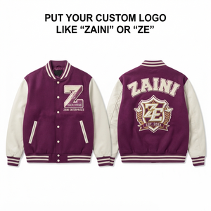 Chaqueta Varsity de Lana Premium de 500 GSM, Paneles en Contraste Morado y Blanco, Ribete Acanalado, Logotipo Bordado - Product Image 1