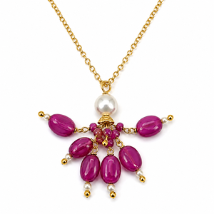 Custom Rhodium Plated Necklace Ruby Gemstone Bead Cluster Pendant Freshwater Pearl Accent Cable <b>Chain</b> Fine Women Luxury Gift - Product Image 2