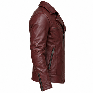 Chaqueta de Motociclista de Cuero Vacuno Genuino Color Borgoña, Cierre Asimétrico, Panel Geométrico, Unisex, Prenda Exterior para Motociclistas, Fabricación Personalizada - Product Image 3