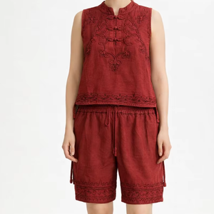 Women's <b>Viscose</b> Embroidered Collared <b>Top</b> and Short Set Manufacturer - Product Image 1