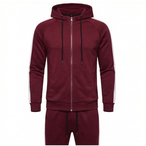 Ensemble de survêtement bordeaux pour homme, manches longues, capuche, fermeture éclair sur le devant, couleur unie, respirant, coupe décontractée, vêtements d'automne - Product Image 1