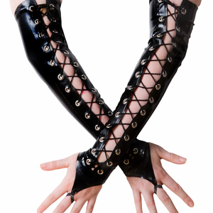 Black PU Opera-Length <b>Gloves</b> With Lace-Up Design Punk Style For Party Wear - Product Image 4