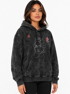 Sudadera con Capucha de Punto Transpirable para Mujer, Estilo Acid Wash, Invierno, Negra, Mezcla de Algodón, Oversize, Casual, con Logotipo Bordado en la Parte Delantera - Product Image 3