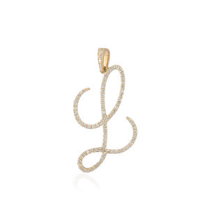 Colgante de Oro Amarillo de 14k con Diamante Natural Pavé y Letra Inicial L Cursiva Grande, Joyería Fina Hecha a Mano, Venta al por Mayor - Product Image 4