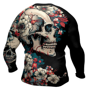 Men Long Sleeve Compression Rash Guard <b>Skull</b> Floral Print Quick Dry Polyester BJJ Shirt Full Sleeve Sublimation Rash Guard - Product Image 3