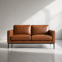 Sofá Loveseat para Sala de Estar, Estilo Moderno de Mediados de Siglo, Sofá Cama de Cuero Genuino y Madera de Caucho, Ecológico, para Escuela, Parque, Almacén