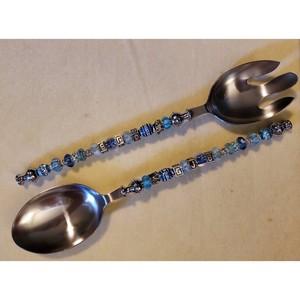 Assured Quality Metal Salad Servers <b>With</b> Beaded Handles Purple And Silver Decorative Metal Salad <b>Tools</b> Manual Use - Product Image 3