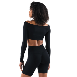 Top Corto Deportivo Negro sin Costuras para Mujer, de Manga Larga y Hombros Descubiertos, Elástico, para Gimnasio, Yoga, Entrenamiento, Ejercicio, Ropa Deportiva - Product Image 3