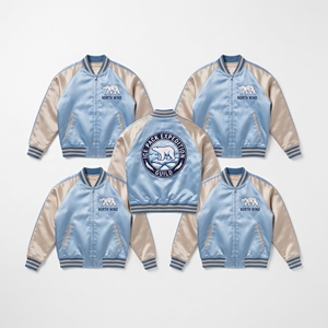 Custom Satin Bomber Jacket Bulk Terracotta Gold Wheat Sheaf Embroidered Varsity <b>Coat</b> Front Zip Ribbed Trim Supplier - Product Image 5