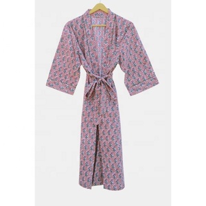 Bata Kimono de algodón de talla grande, Sexy, mangas transpirables, estampado de bloque de mano, ropa de dormir de verano, vestido de dama de honor para otoño, cómodo - Product Image 1