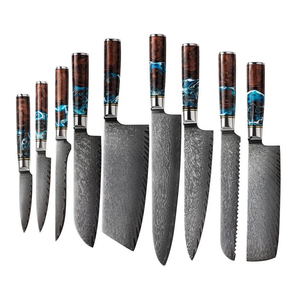 Ensemble de couteaux de cuisine haut de gamme en acier Damas 96 couches, 9 pièces, manche en résine, bord dentelé, faits à la main, tranchants, ambidextres - Product Image 1