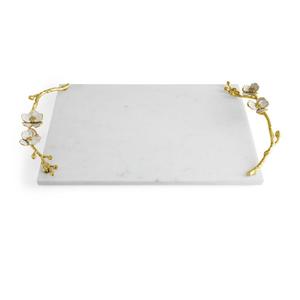 Plateau de service rectangulaire en marbre blanc vintage avec poignées dorées en forme de fleur, plateau décoratif en pierre naturelle pour la maison et la cuisine - Product Image 6