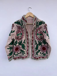 Floral Suzani Embroidery Quilted Cotton <b>Jacket</b> | Winter Coat | <b>Hippie</b> Bohemian Outerwear | Unisex Gift | Stand Collar Pocket - Product Image 3