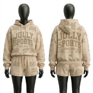 Conjunto de Sudadera con Capucha y Pantalones Cortos de Felpa de Algodón Marrón para Mujer, con Logotipo Personalizado con Transferencia Térmica de Diamantes de Imitación, Conjunto de Sudadera con Capucha y Pantalones Cortos de Primera Calidad para Mujer - Product Image 6