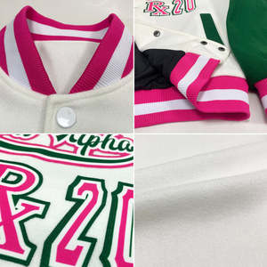 Men's Varsity <b>Jacket</b> White Green <b>Pink</b> Letterman <b>Jacket</b> with Custom Team Logo Contrast Sleeves OEM Wholesale Manufacturer - Product Image 3