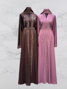 Hooded V Neck Flared Hem Breathable Floor Length Modest <b>Abaya</b> Sequined Embroidery Solid Color Long Sleeve Polyester Wedding - Product Image 3