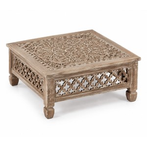 Table carrée marocaine en bois de manguier artisanal |   Pouf sculpté en gros pour ameublement d'appoint - Product Image 1