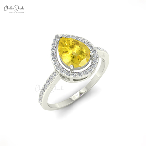 Bague de Fiançailles de Luxe en Or Blanc 14K Véritable avec Diamant Halo et Saphir Jaune Poire 8x6mm – Fournisseur Vérifié – Vente en Gros - Product Image 1