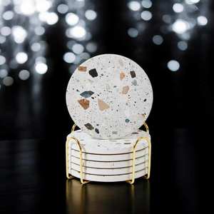 Terrazzo <b>Marble</b> <b>Coaster</b> Set of 6 With Gold Holder Elegant Stone Finish For Luxury Home Office Desk Styling and Gift Purpose - Product Image 2