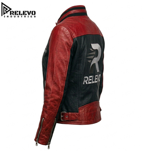 Men Red and Black Genuine Leather <b>Biker</b> <b>Jacket</b>, Two Tone Racing <b>Biker</b> Outerwear Coat Premium Genuine Leather <b>Biker</b> Style - Product Image 3