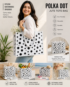 White Laminated Jute Tote <b>Bag</b> with Black Polka Dot Print Eco Friendly <b>Reusable</b> Shopping Carry <b>Bag</b> Large Size - Product Image 2