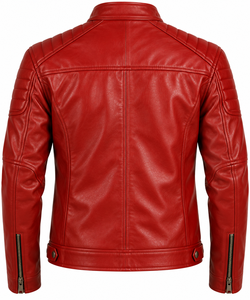<b>Men's</b> <b>Red</b> PU <b>Leather</b> Moto <b>Jacket</b> Stand Collar Zipper Closure Slim Fit Regular Sleeve Autumn Wear - Product Image 2