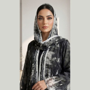Ensemble Abaya ouverte en tissu jacquard Premium Chicago Butti, couleur unie, grande taille, en polyester, avec hijab assorti, style islamique modeste - Product Image 3