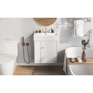 Mobile Bagno Moderno Sospeso da 21,6 Pollici con Lavabo in Ceramica per Bagni Piccoli, con Vano Portaoggetti a Sinistra - Product Image 6