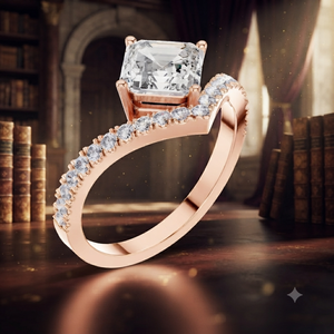 Anillo de compromiso moderno con halo de oro rosa, corte princesa, diseño chevron y banda en V con pavé para mujer, joyería fina - Product Image 1