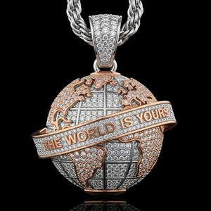 Pendentif globe terrestre en moissanite glacée, le monde est à vous, en argent sterling, cadeau de luxe unisexe, bijoux hip hop - Product Image 3