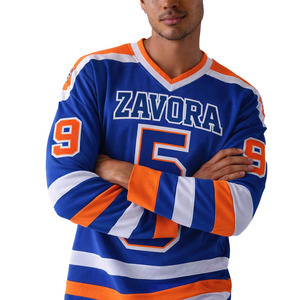 Maillot de hockey style rétro orange et bleu pour homme, uniforme d'équipe en maille surdimensionné, nom et numéro personnalisés, maillot de football américain à manches longues - Product Image 1